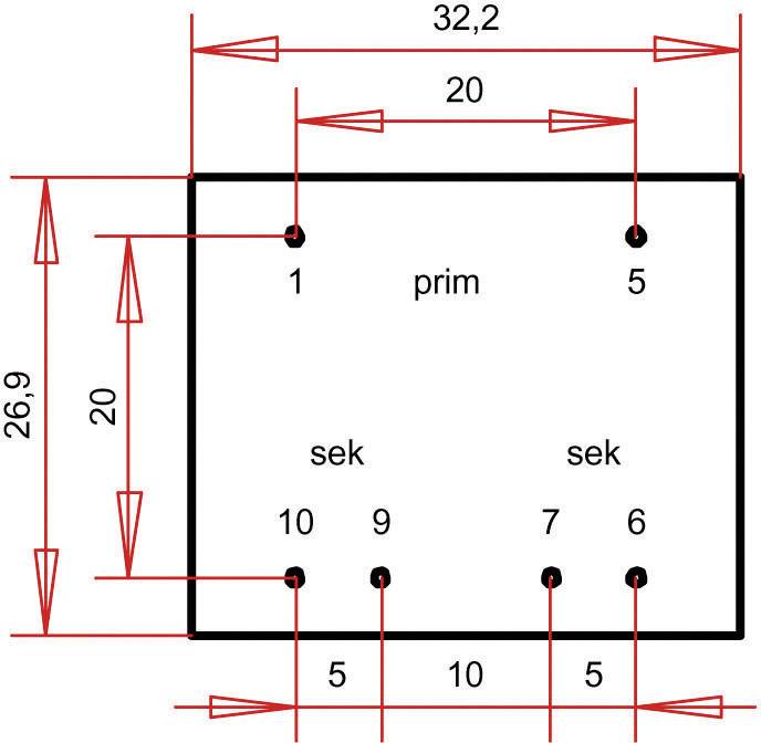 Rechteckiges Diagramm mit den Maßen 32,2 x 26,9. Punkte oben beschriftet mit 'prim 1' und 'prim 5'. Punkte unten 'sek 10, 9, 7, 6'.
