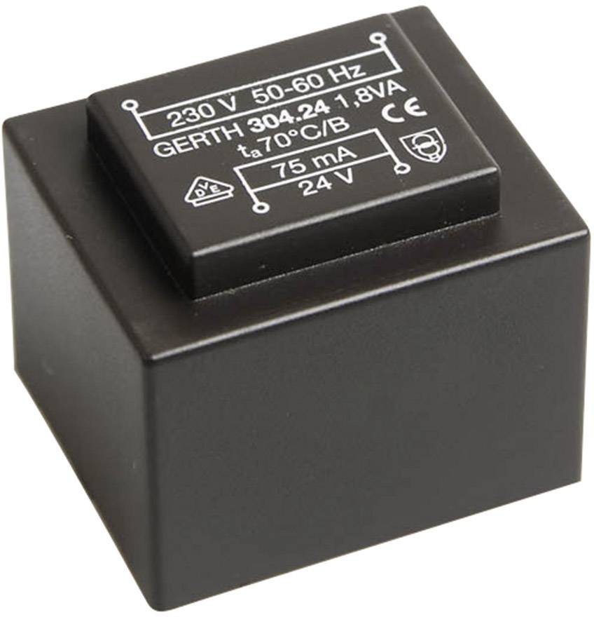 Schwarzer Transformator mit Spezifikationen: '230 V', '50-60 Hz', '24 V', '75 mA', 'GERTH 304.24', '1.8 VA', 't=70°C/B'.