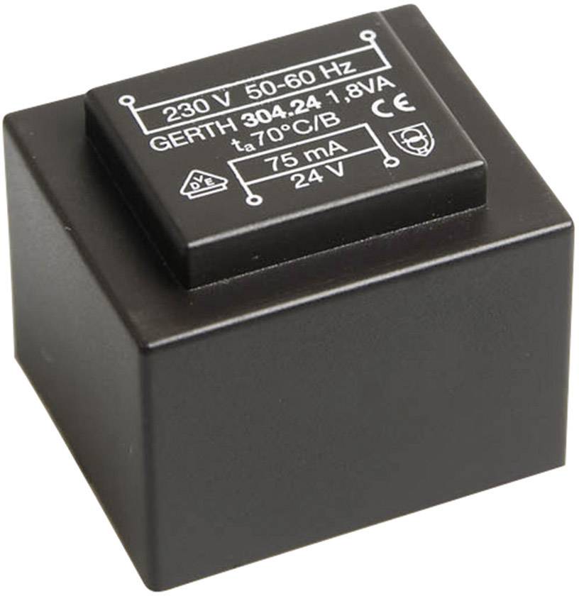 Schwarzer Transformator mit Aufschrift: '230 V 50-60 Hz, GERTH 304.24 1,8 VA, t 70°C/B, 75 mA, 24 V'. CE und andere Symbole.