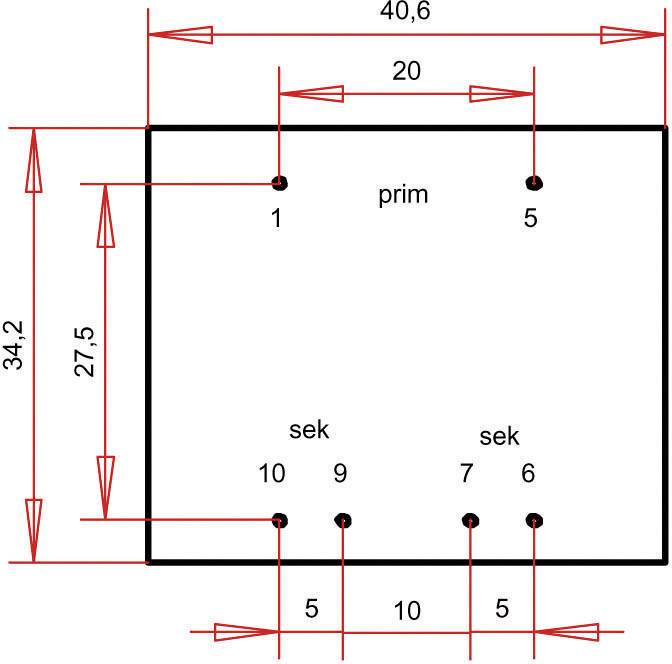 Diagramm zeigt ein Rechteck mit Maßen 40,6 x 34,2. Oben markiert 'prim', unten vier Punkte markiert 'sek'. Maße zwischen Punkten angegeben.