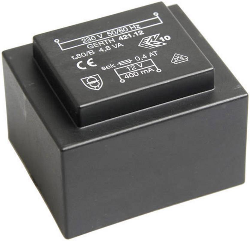 Schwarzer Transformator mit Aufdruck '230V 50/60 Hz', '12V', und weiteren technischen Daten. Steuerung von elektrischen Geräten.