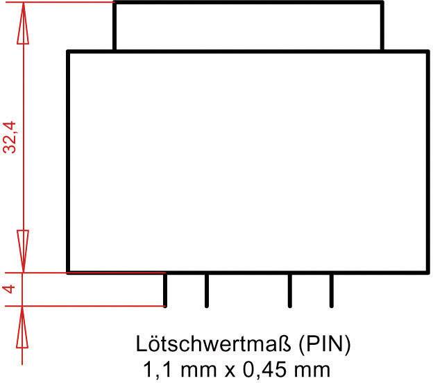 Diagramm eines elektronischen Bauteils mit PIN. Gesamtmaße: 32,4 mm Höhe, 4 mm Breite. Lötmaß der PIN: 1,1 mm x 0,45 mm.