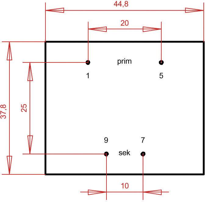 Technische Zeichnung eines Rechtecks mit nummerierten Punkten '1', '5', '9', '7'. Maße: 44,8 und 37,8 außen, 20 und 10 innen; 'prim' oben und 'sek' unten.