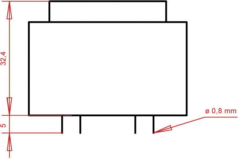 Technische Zeichnung eines rechteckigen Objekts mit Maßen: Höhe 32,4 mm, Breite 5 mm, und Bohrungsdurchmesser 0,8 mm.