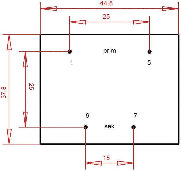 Diagramm eines rechteckigen Objekts mit Maßen 44,8 Breite und 37,8 Höhe. Punkte bezeichnet mit prim und sek, Abstände in Rot markiert.