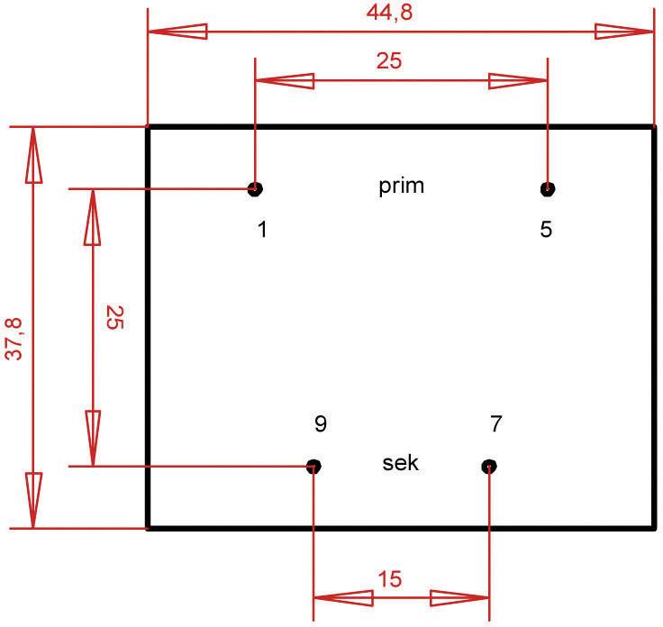 Diagramm eines Rechtecks mit Maßen 44,8 x 37,8. Beschriftet mit 'prim' oben und 'sek' unten. Rote Pfeile zeigen Abstände.