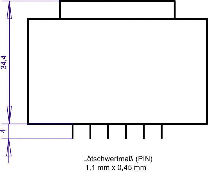 Diagramm einer elektronischen Komponente mit Abmessungen: 34,4 mm x 4 mm Höhe, Lötmaß (PIN) 1,1 mm x 0,45 mm.