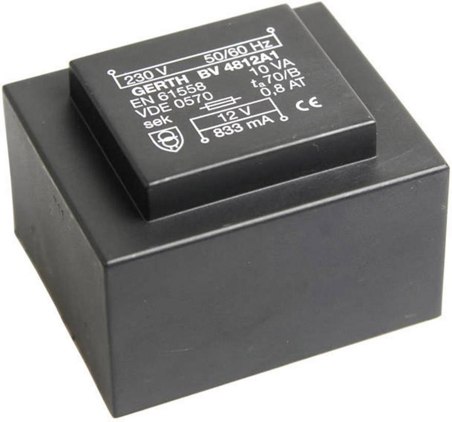 Schwarzer Transformator mit technischen Spezifikationen in Weiß: 230V, 50/60 Hz, 12V, 833 mA, Gerth BV 4812A1, VDE 0570.