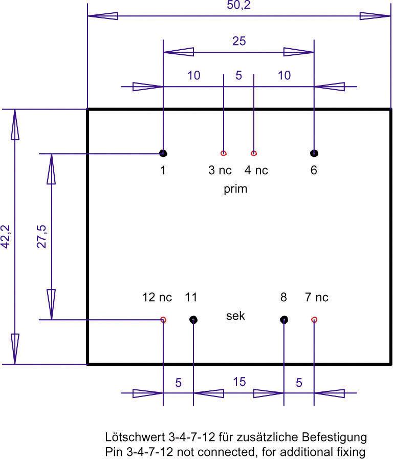 Schaltplan eines elektronischen Bauteils mit primären und sekundären Anschlüssen. Maße und Pins für Befestigung angegeben.