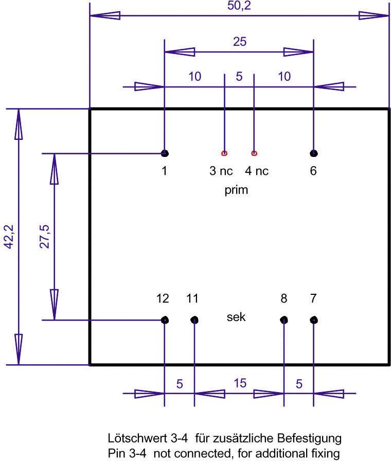 Schaltplan eines elektrischen Bauteils mit abgebildeten Pins 1-12. Pins 3 und 4 sind nicht verbunden. Maße sind in Millimetern angegeben.
