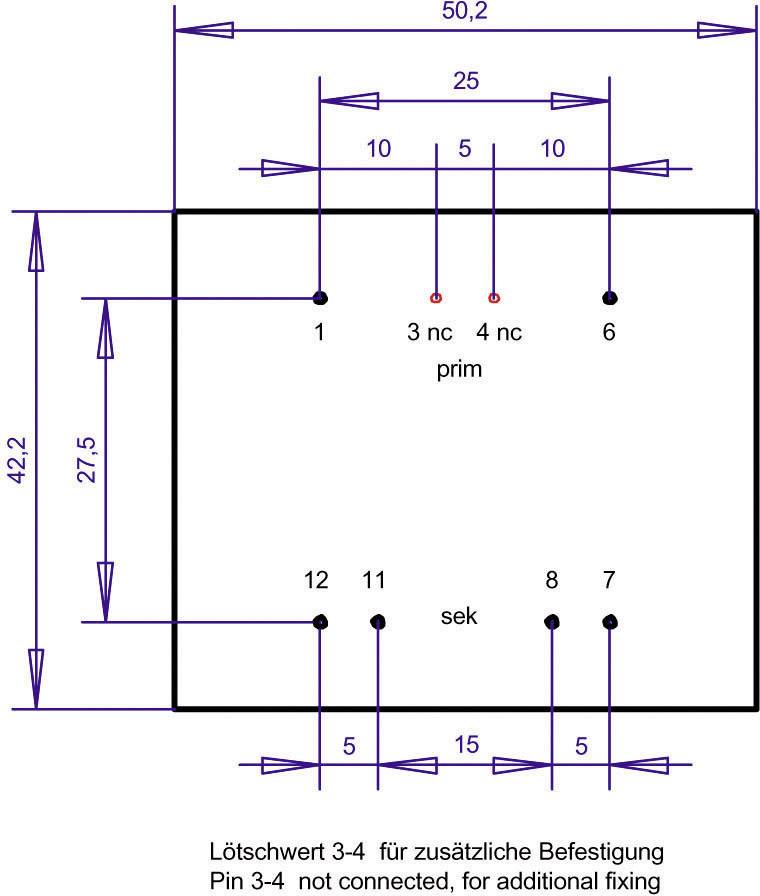 Schaltplan eines elektrischen Bauteils: Primärseite mit Pins 1 bis 6, Sekundärseite mit Pins 7 bis 12. Maße sind angegeben.