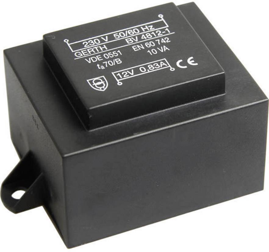 Schwarzer Transformator mit Aufschrift: '230 V 50/60 Hz, 12V 0,83A', Modell BV 4812-1. Entspricht Normen VDE 0551, EN 60742.