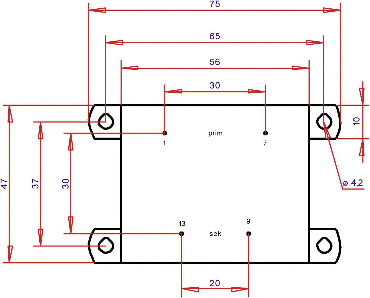 Technische Zeichnung eines rechteckigen Bauteils mit Maßen, Bohrlöchern und Beschriftungen für 'prim' und 'sek' an den Ecken.