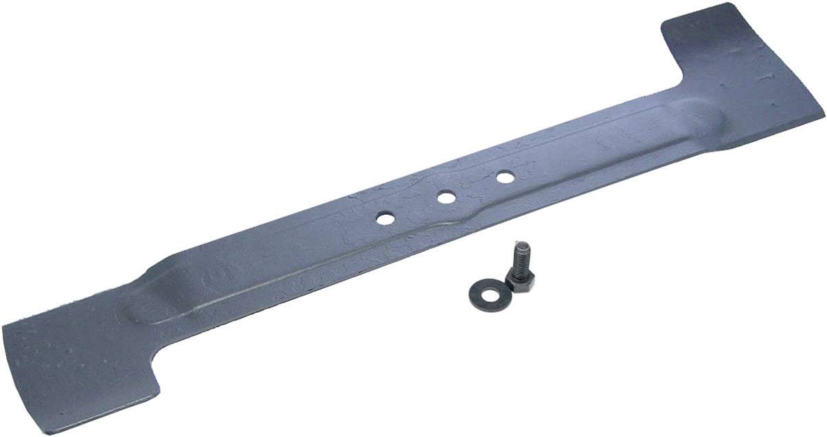 Ein Rasenmähermesser mit drei Löchern, daneben eine Schraube und eine Unterlegscheibe. Hergestellt aus Metall, verwendet in Rasenmähern.