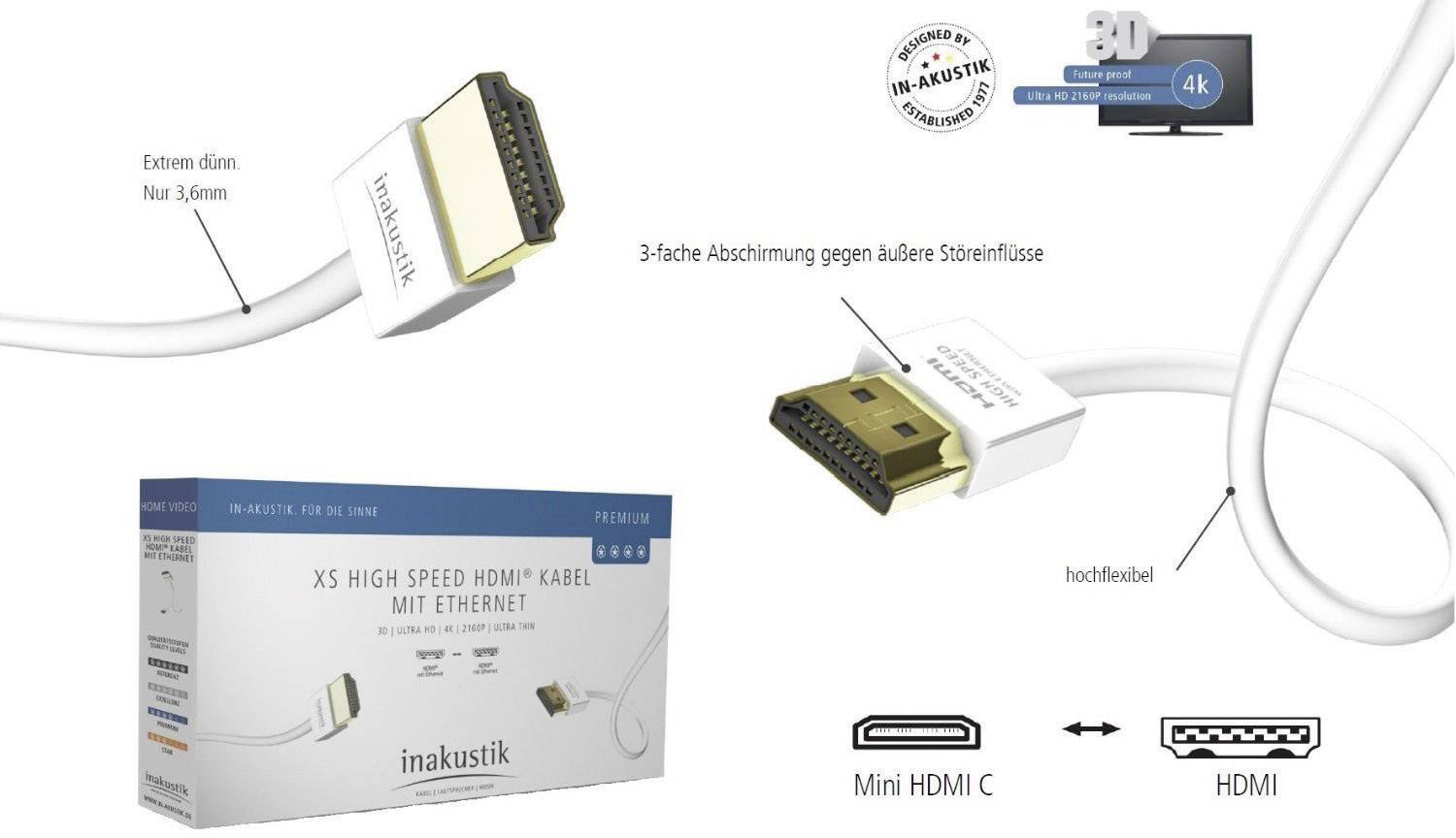 Inakustik HDMI Anschlusskabel HDMI-A Stecker, HDMI-Mini-C Stecker 5.00 m Weiß 004246205 Audio Return Channel, vergoldete Steckkontakte HDMI-Kabel