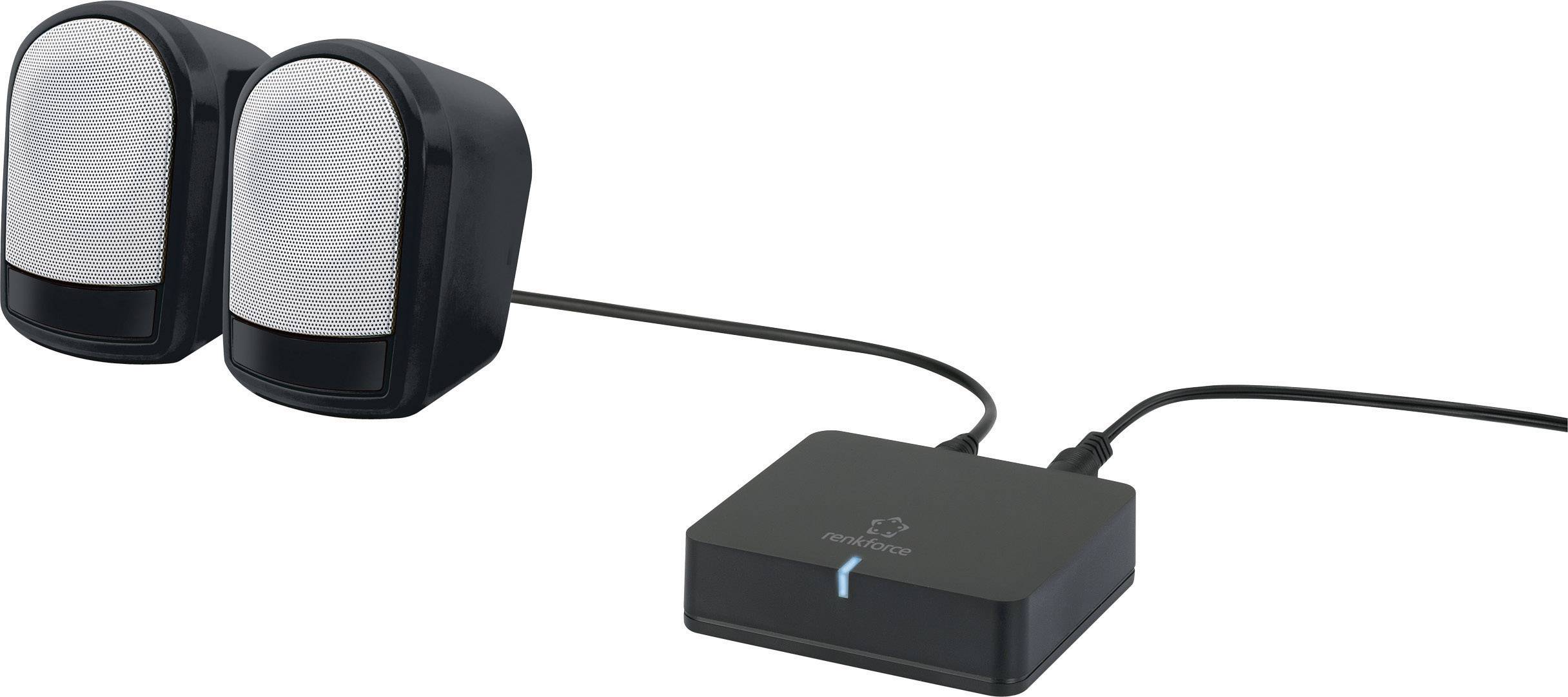 Kompakte schwarze Lautsprecher mit Kabelverbindung zu einem kleinen rechteckigen Verstärker. Geeignet für Computer oder kleine Räume.