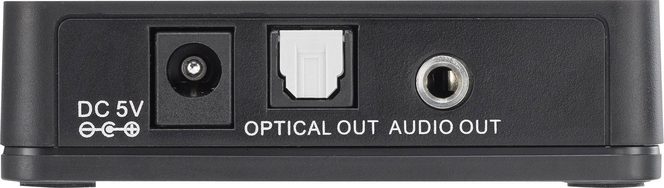 Rückseite eines Audio-Geräts mit Anschlüssen: 'DC 5V', 'Optical Out' und 'Audio Out'.