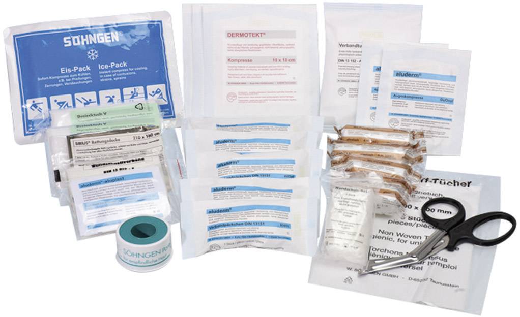 Erste-Hilfe-Set mit Verbandmaterial, Schere, Pflastern und einem Eispack. Geeignet für kleinere Verletzungen und Notfälle.