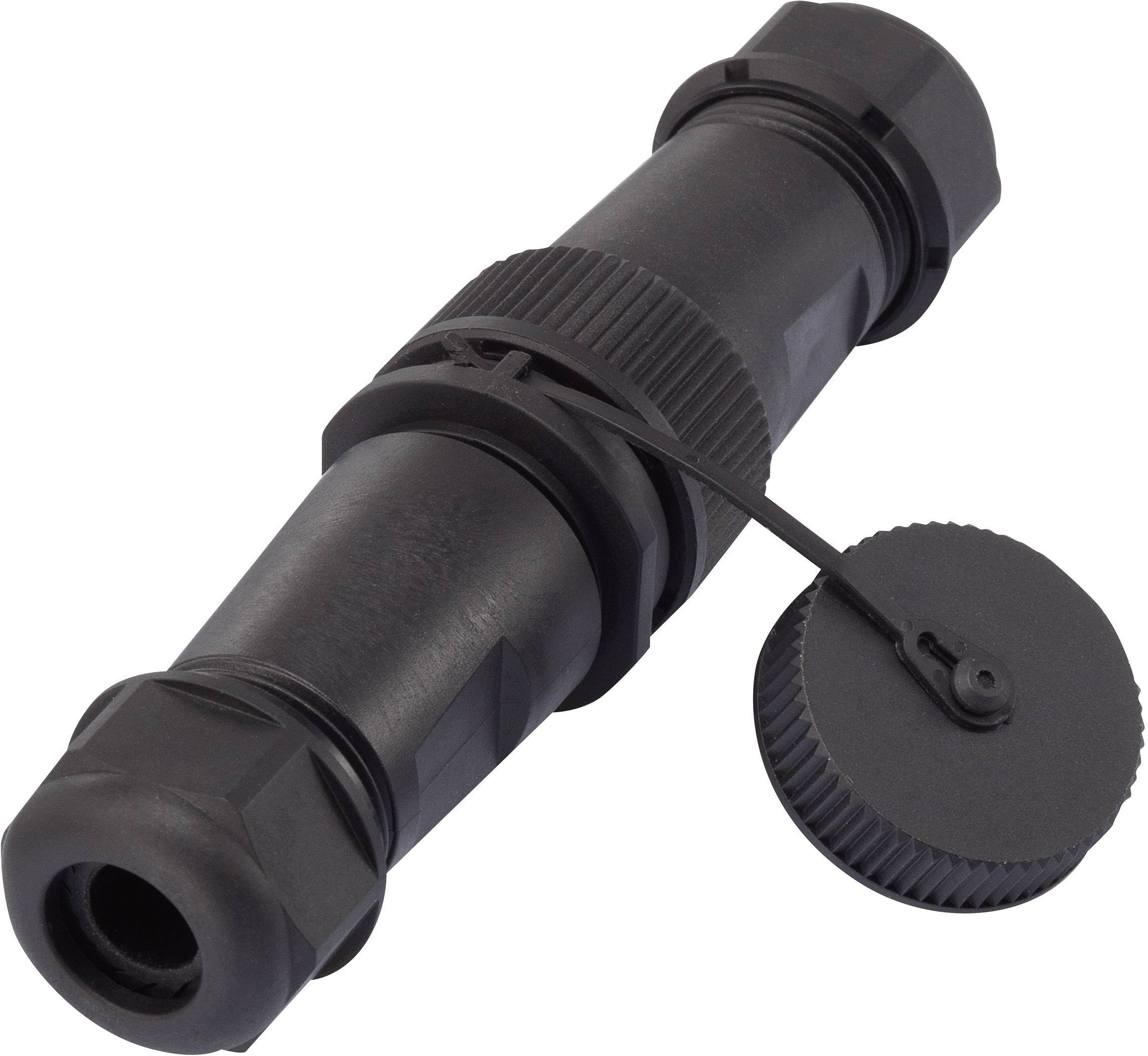 Ein schwarzer Kabelverbinder mit Schutzkappe und Schraubverschluss, geeignet für den Einsatz im Außenbereich oder in feuchten Umgebungen.