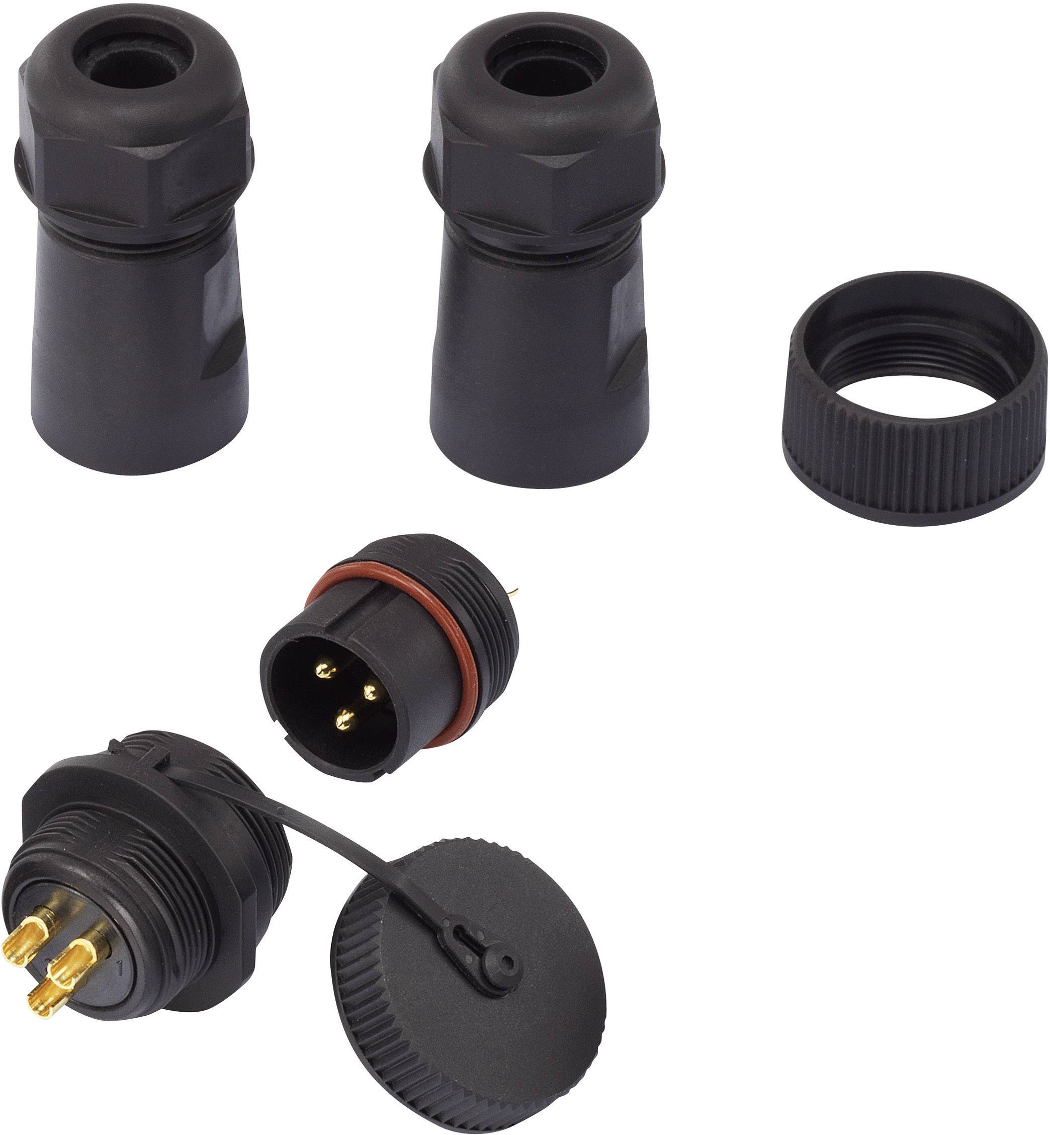Zwei schwarze Steckverbinder ohne Kabel, ein dreipoliger Stecker und eine passende Buchse mit Schutzkappe.