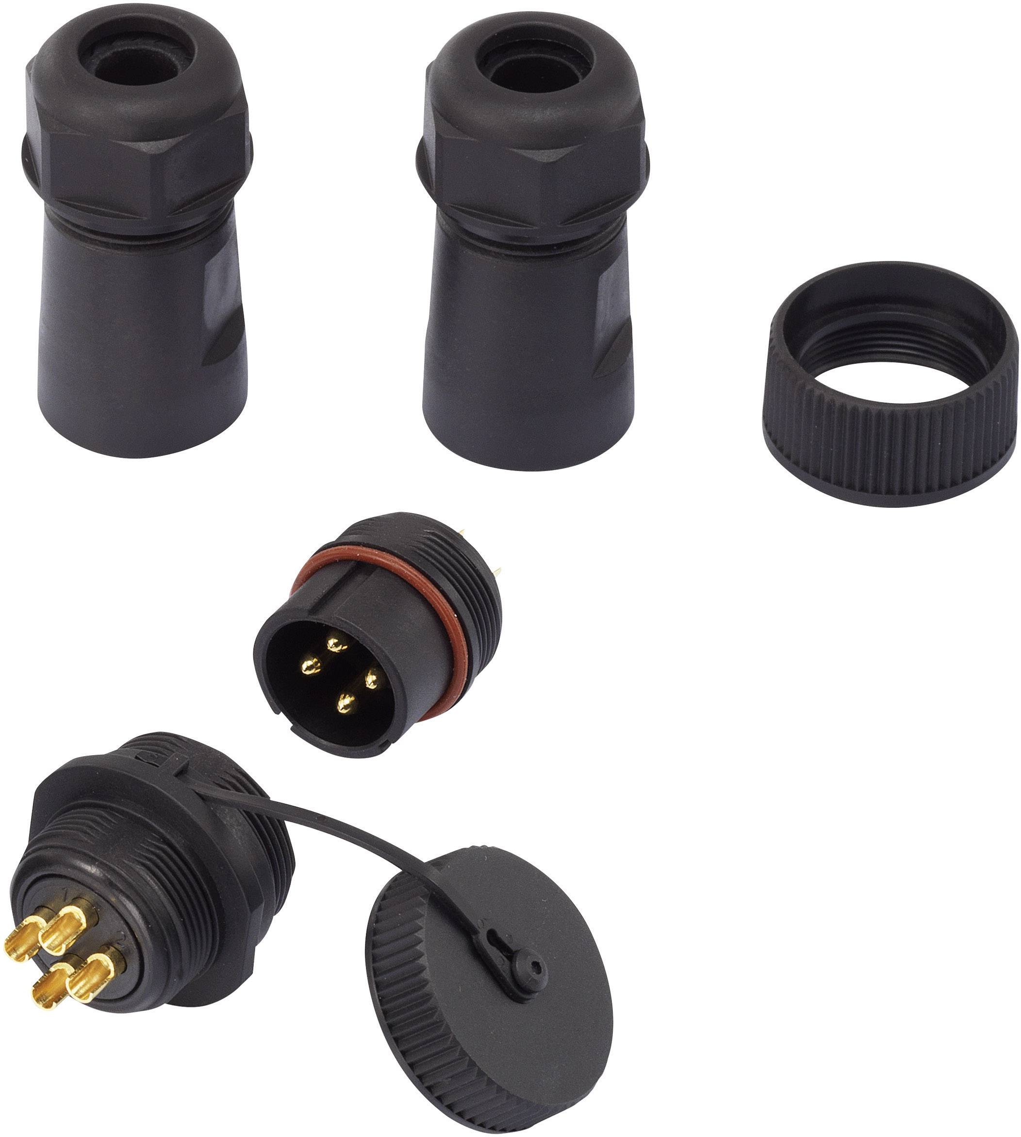 Schwarze, zylindrische Steckverbinder und Muttern. Einer der Stecker ist geöffnet und zeigt goldene Pins. Nutzung in industriellen Anwendungen.