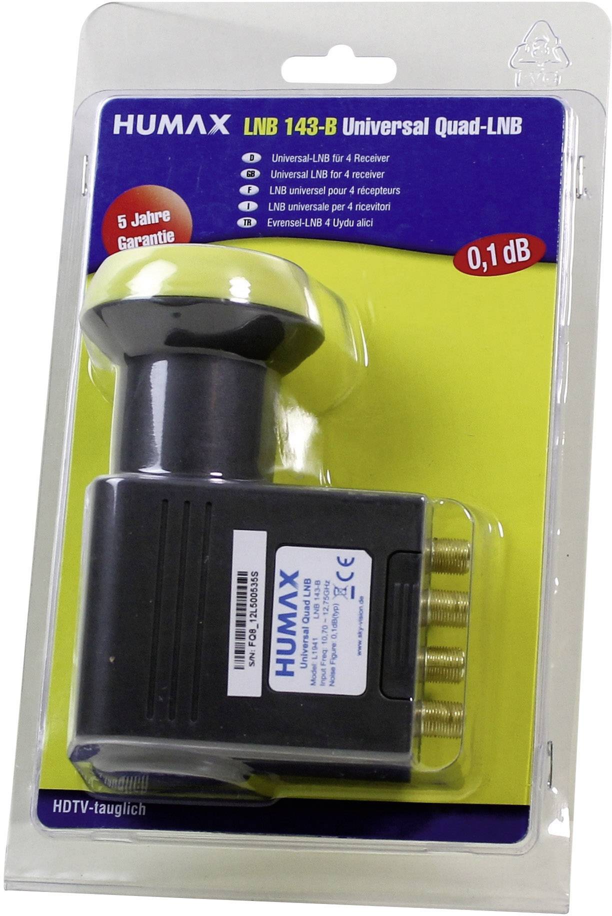 Humax 143-B Quad-LNB Teilnehmer-Anzahl: 4 Feedaufnahme: 40 mm vergoldete Anschlüsse Anthrazit, Gelb