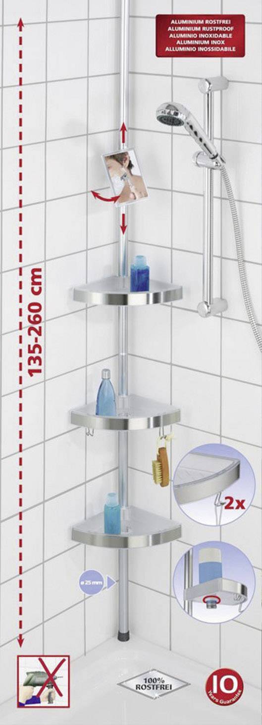Wenko 20349500 Premium Duschecke Aluminium, Polystyrol Aluminium (satiniert) ausziehbar, 3 Ablagekörbe, 2 Haken 1St.