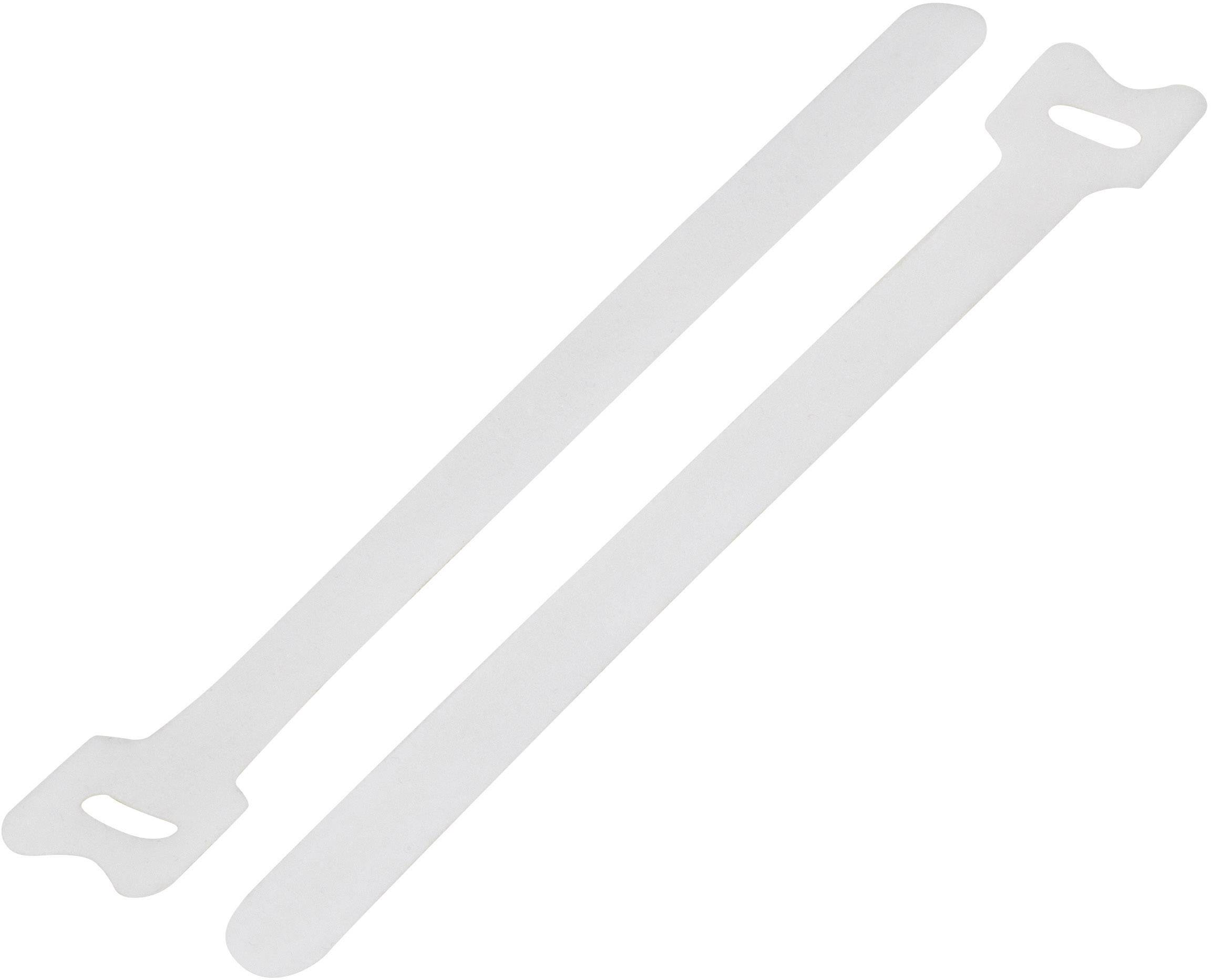 Zwei weiße Plastikstreifen mit Schlitzen an einem Ende, vermutlich Kabelbinder.
