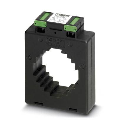 Ein rechteckiger Stromwandler mit grünen Anschlussklemmen und einem zentralen quadratischen Loch zur Überwachung elektrischer Ströme.