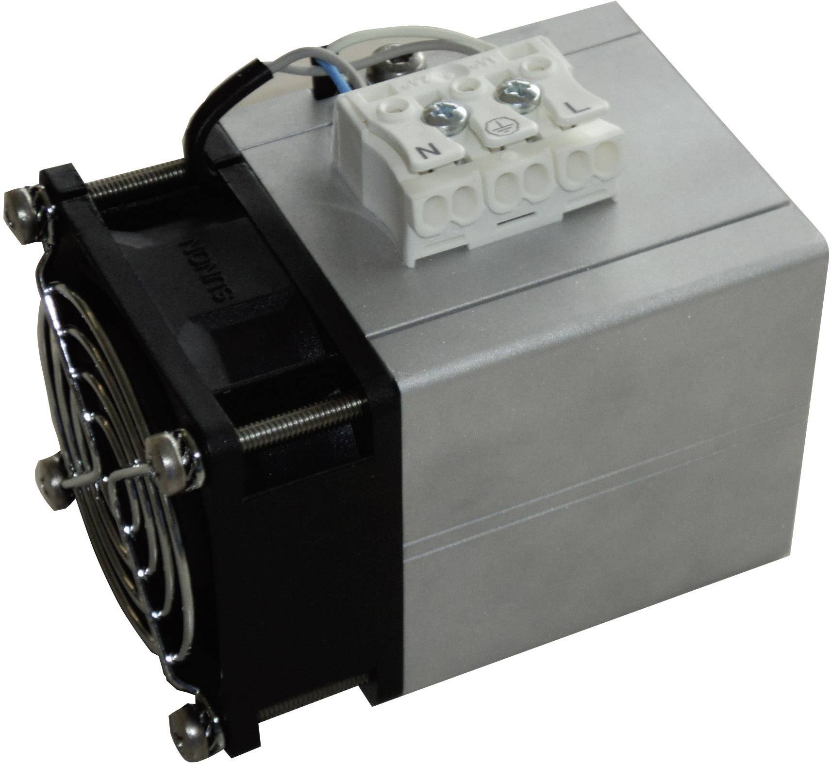 Ein rechteckiges, metallisches Gerät mit Lüfter und Anschlussklemmen oben; möglicherweise ein elektrisches oder elektronisches Bauteil.