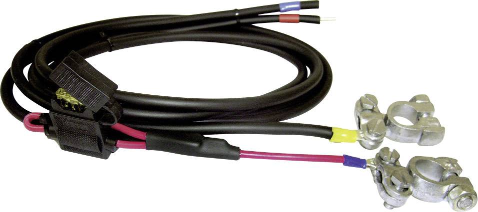 Ein schwarzes Kabel mit einem Adapter und zwei Metallklemmen, oft für Autobatterien verwendet. Die Klemmen sind farblich markiert.