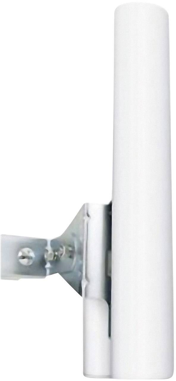 Weiße, zylindrische Antenne an einer Metallhalterung montiert, seitlich fotografiert.