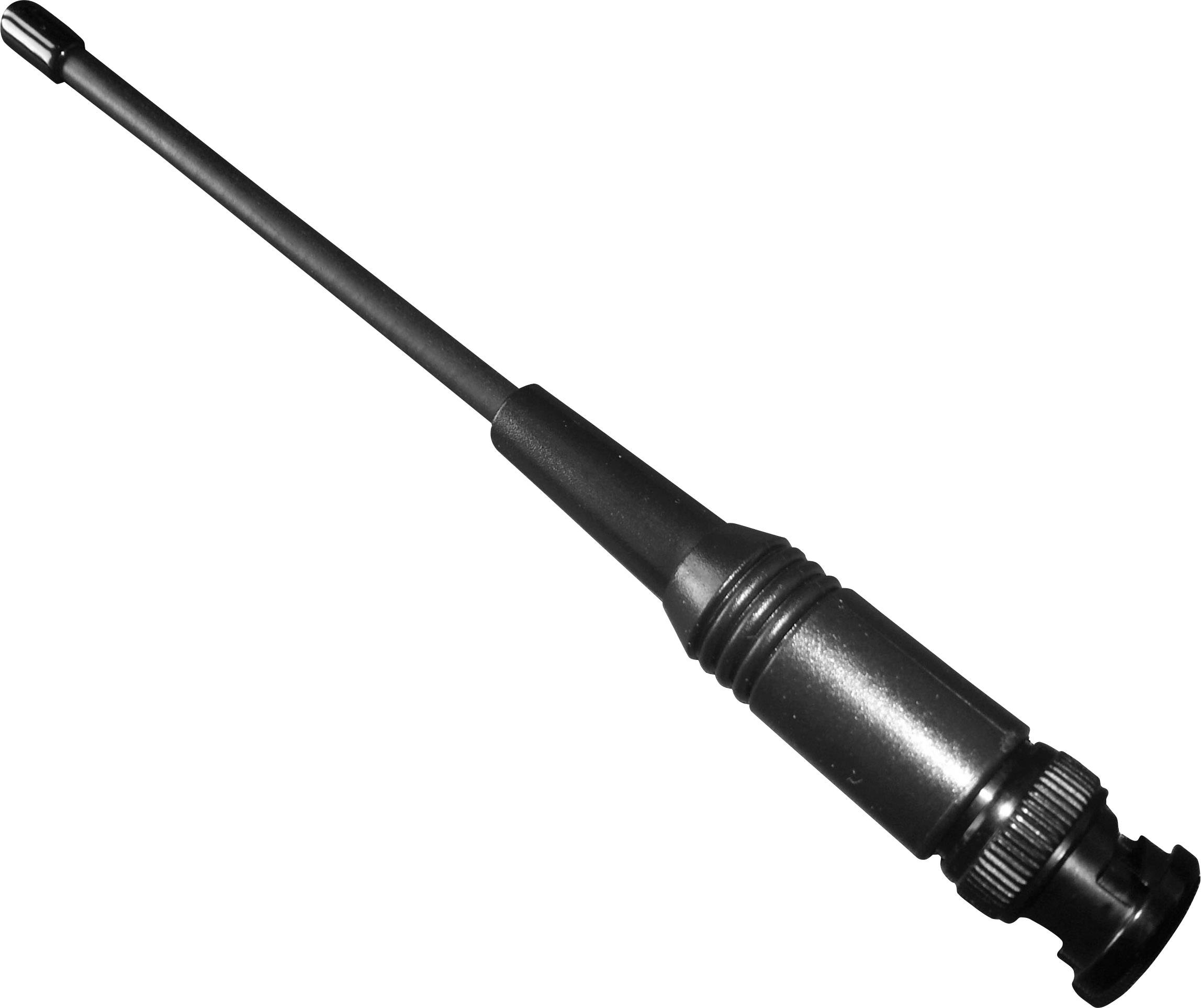 Ein schwarzer, abnehmbarer Funkantennenstift mit einem gerändelten Anschluss zur Anbringung an ein Funkgerät.