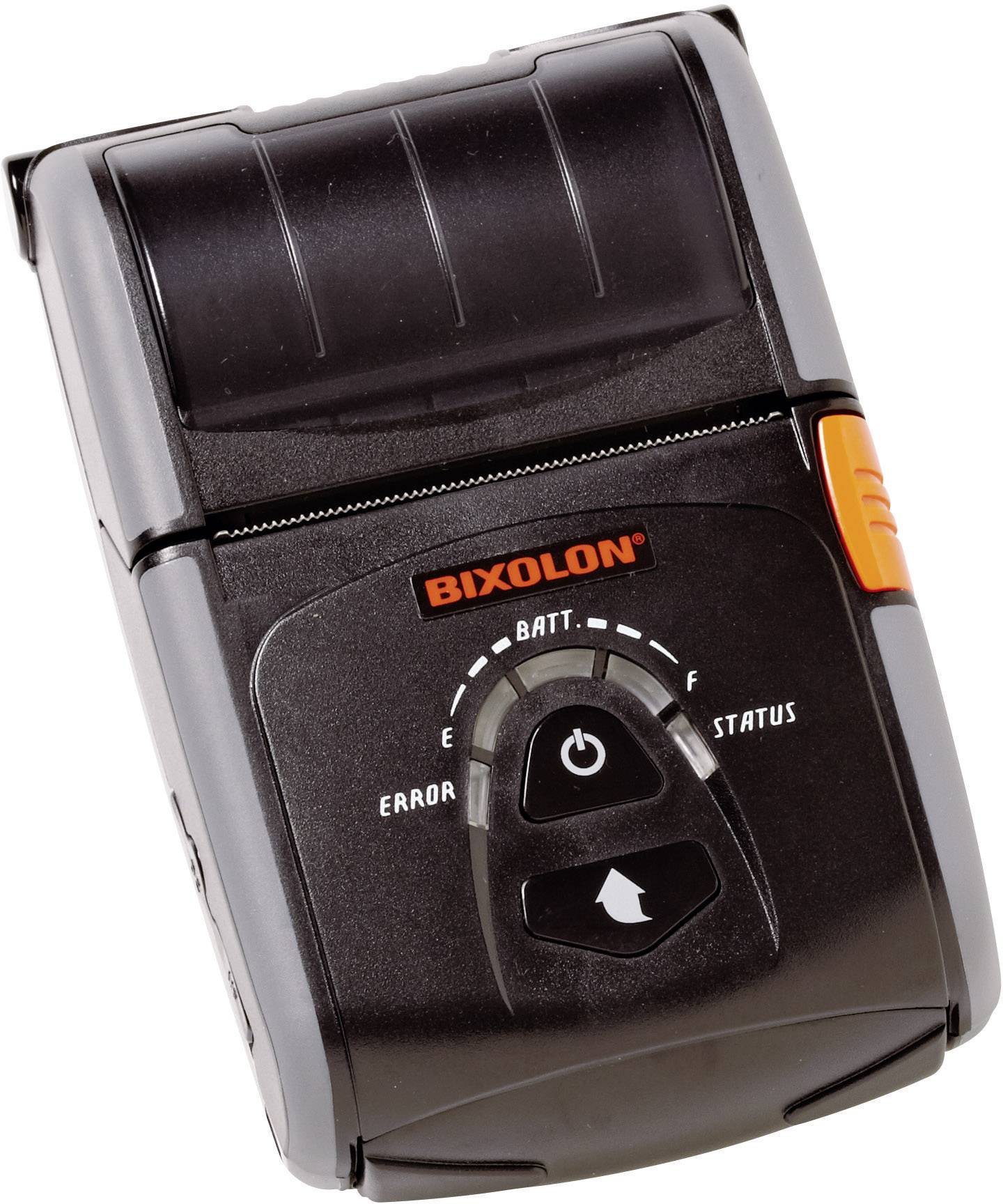 Tragbarer mobiler Drucker, BIXOLON, mit grüner Statusanzeige. Kompaktes schwarzes Design mit orangenem Knopf auf der Seite.