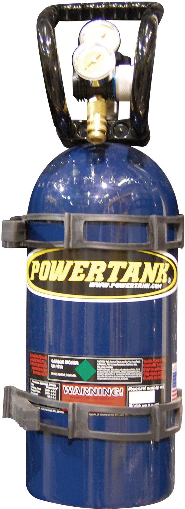 Ein blauer Druckgaszylinder mit einem schwarzen Griff und Messgerät. Aufschrift: 'POWERTANK'. Warnhinweise unten.