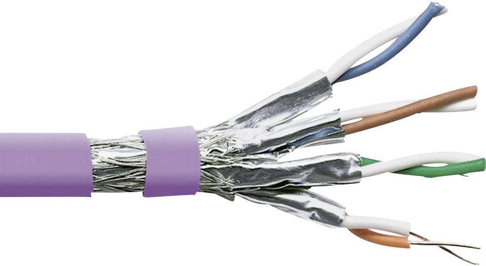 Nahaufnahme eines lilafarbenen, geschirmten Netzwerkkabels mit vier verdrillten Aderpaaren, die teilweise freigelegt sind.