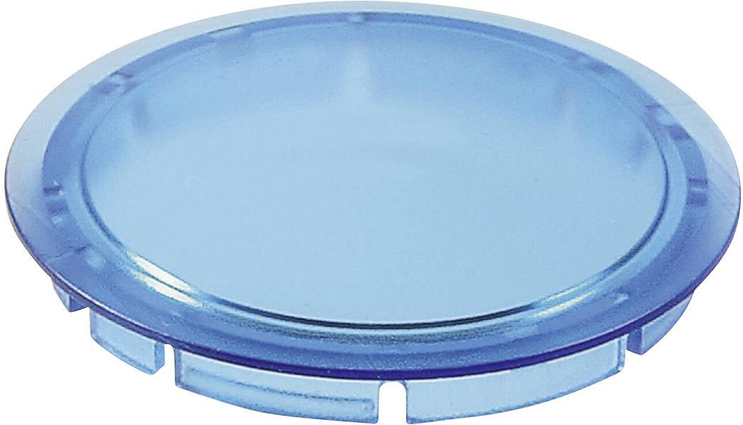 Ein flacher, runder, blauer Kunststoffdeckel mit kleinen Clips am Rand.