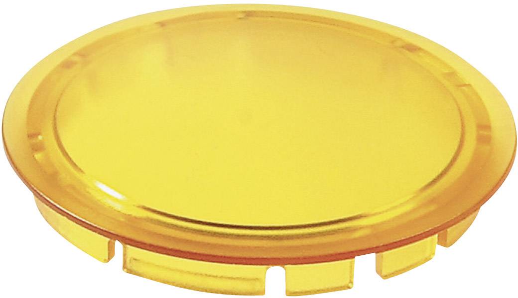 Ein runder, gelber Kunststoffdeckel mit seitlichen Einrastnasen, wahrscheinlich ein Teil eines Behälters oder Verschlusses.