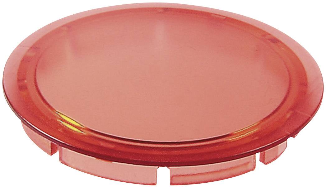 Ein runder, roter Kunststoffdeckel mit erhöhtem Rand und Kerben an der Unterseite.