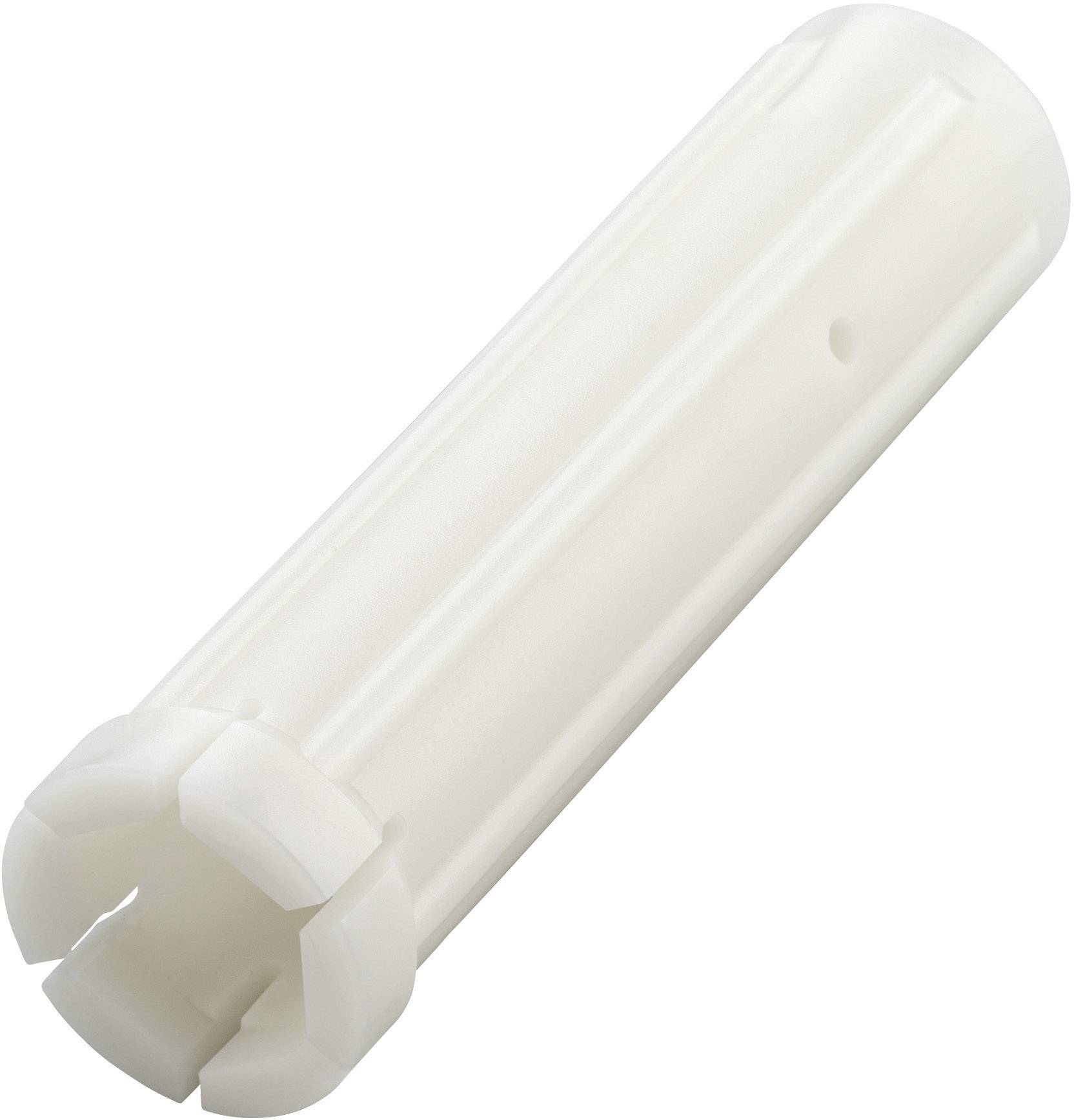 Ein weißer Kunststoffdübel für Schraubenmontage in Wänden.