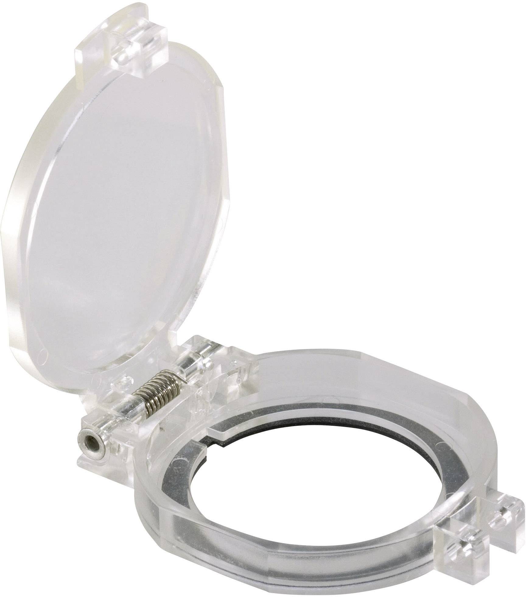 Ein transparenter, geöffneter Sicherheitsverschluss mit metallischer Federmechanik, genutzt zur Sicherung von Produkten oder Verpackungen.