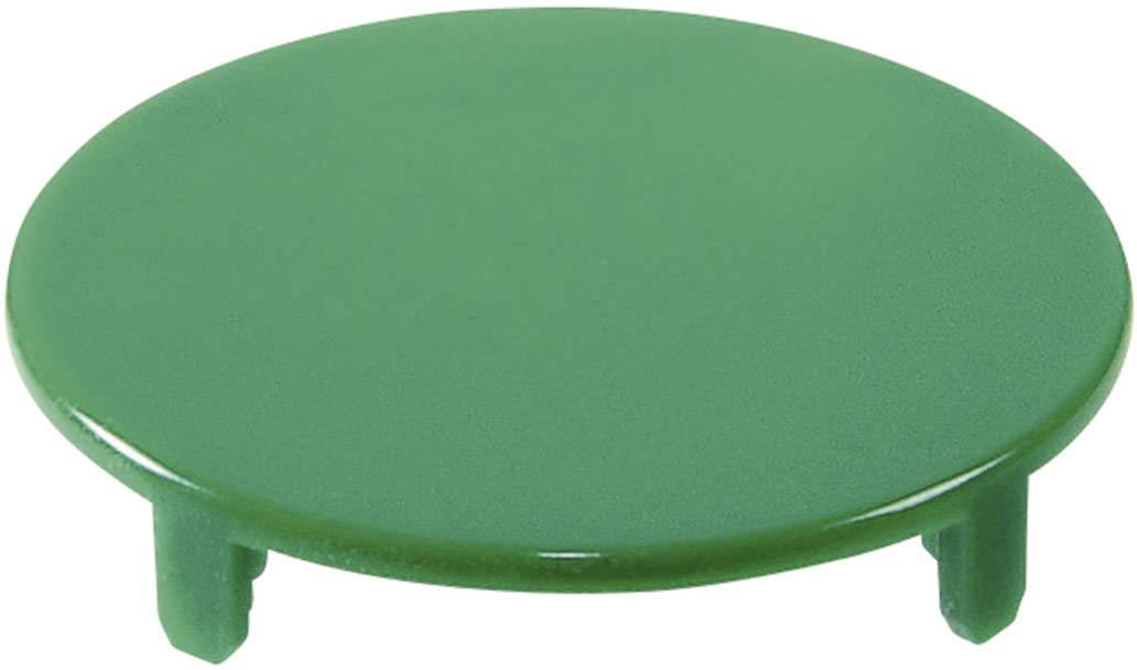 Grüner runder Kunststoffdeckel mit zwei kurzen, offenbar zur Befestigung dienenden Stiften auf der Unterseite.