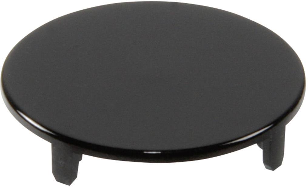 Schwarzer Kunststoffdeckel mit zwei Befestigungsstiften, rund und glatt, für das Abdecken von Löchern oder Schrauben geeignet.