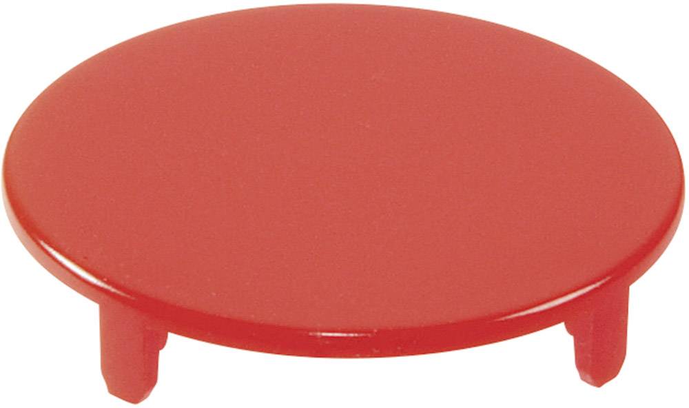 Rote runde Plastikabdeckung mit zwei kleinen Befestigungsstiften auf der Unterseite, möglicherweise ein Teil eines Bausteinsets.