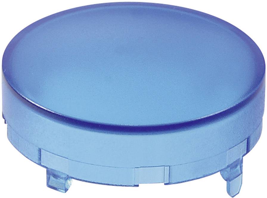 Ein runder blauer Kunststoffknopf mit flacher Oberseite und drei kleinen Haken an der Unterseite.