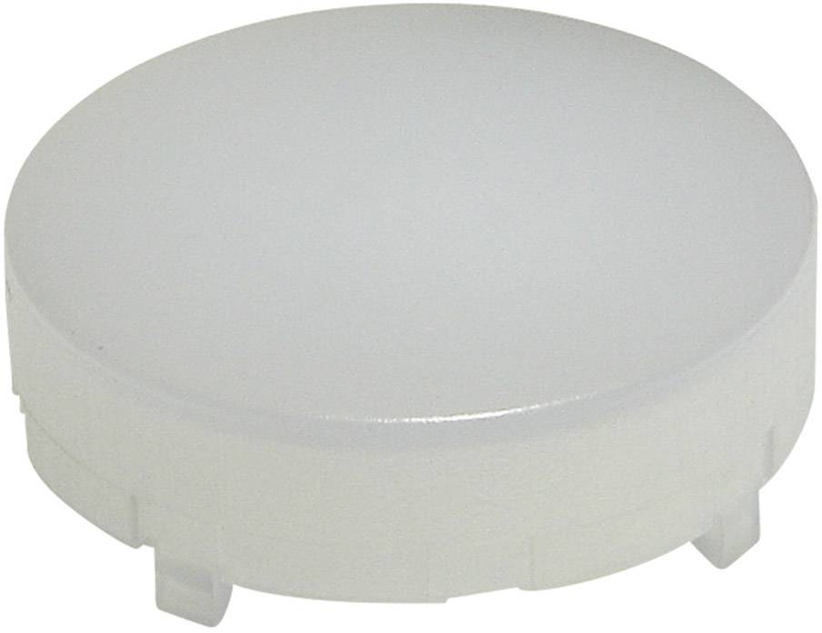 Runder, weißer Kunststoffdeckel, flach, möglicherweise ein Gehäuseteil oder eine Abdeckung für ein elektronisches Gerät.