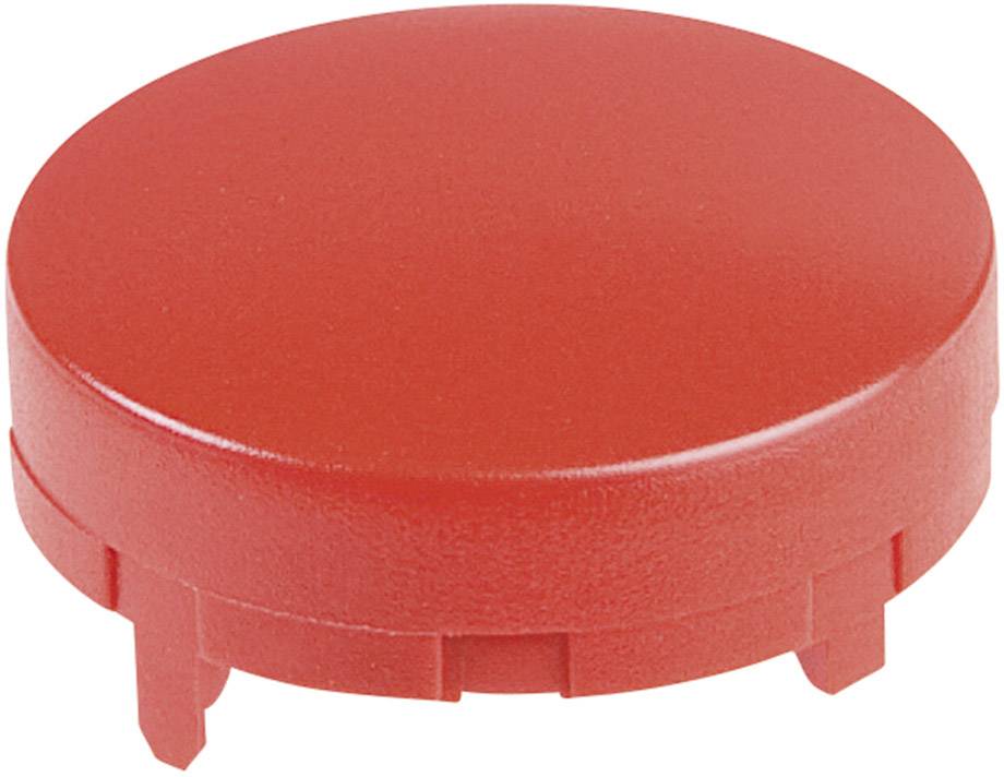 Runder, roter Plastikdeckel auf weißem Hintergrund, mit kleinen Laschen unten.