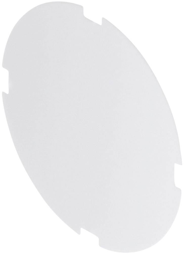 Eine transparente, ovale Plastikscheibe mit Kerben am Rand.