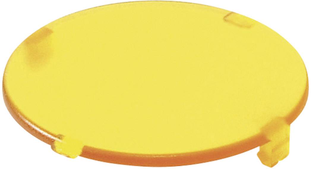 Eine gelbe, runde Kunststoffabdeckung mit drei kleinen Laschen am Rand.