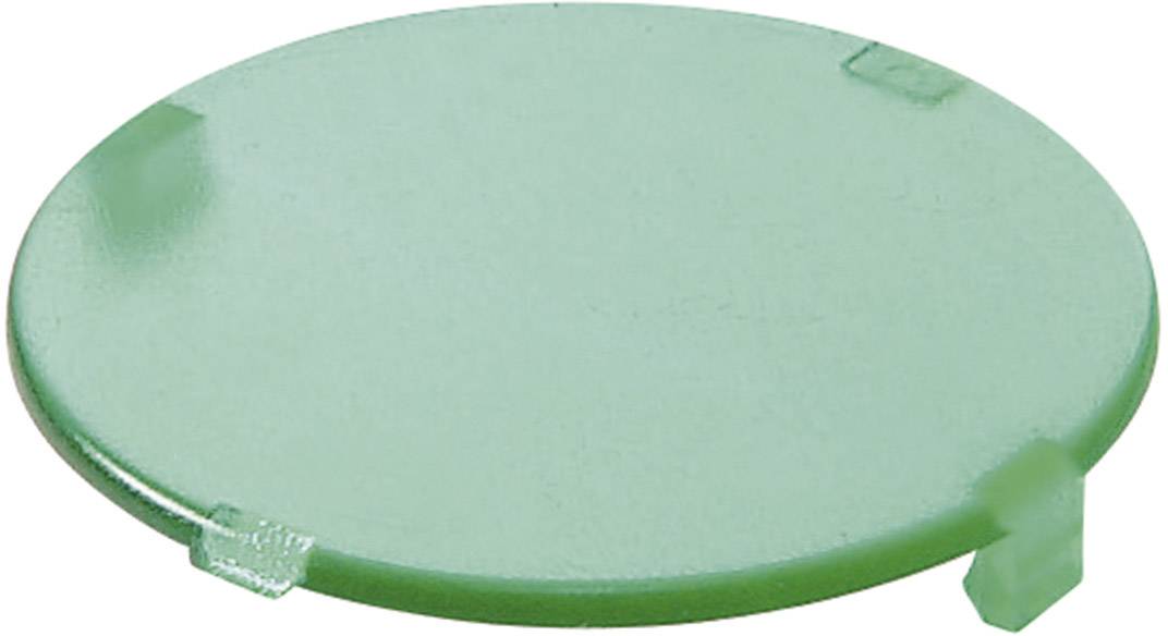 Grüner, runder Kunststoffdeckel mit drei kleinen Clips am Rand zur Befestigung.